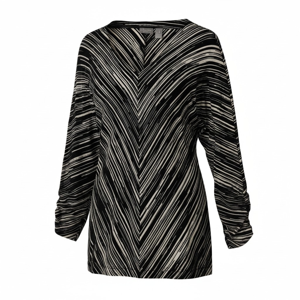 Chico's Travelers Black Cream Metallic Chevron Stripe V-Neck Long Sleeve Blouse